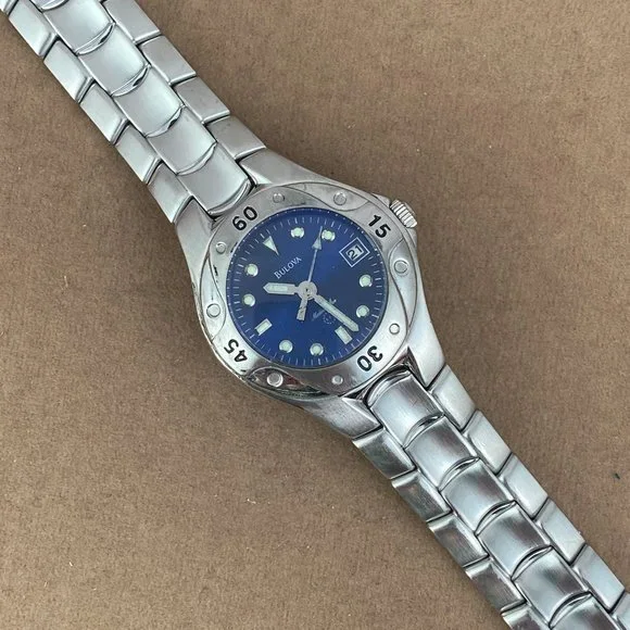 Bulova Watch Marine Star Satin Finish Stainless Steel Highly Polished Blue Watch - Picture 2 of 8